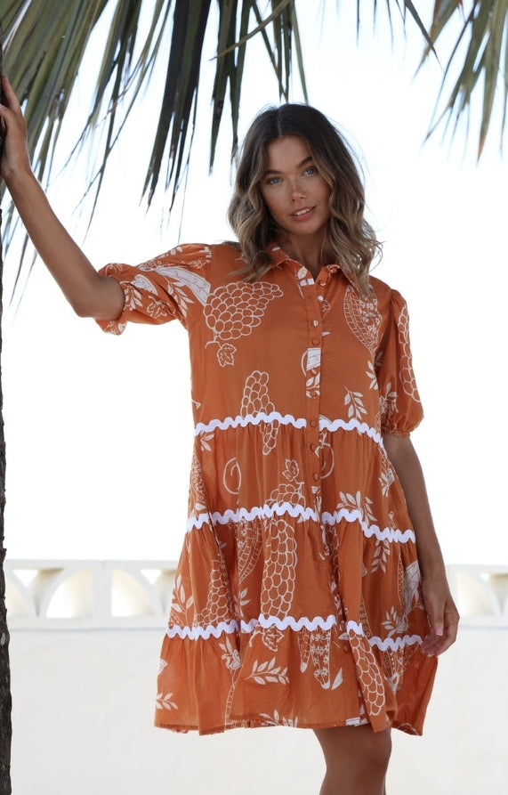 Mardi Tiered Ric Rac Dress Rust/White